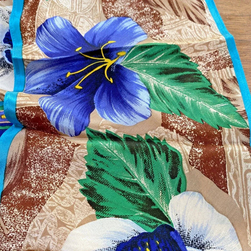 Vintage Oscar De La Renta Silk Scarf Pointy Ends Necktie Jungle Flowers Blue Tan